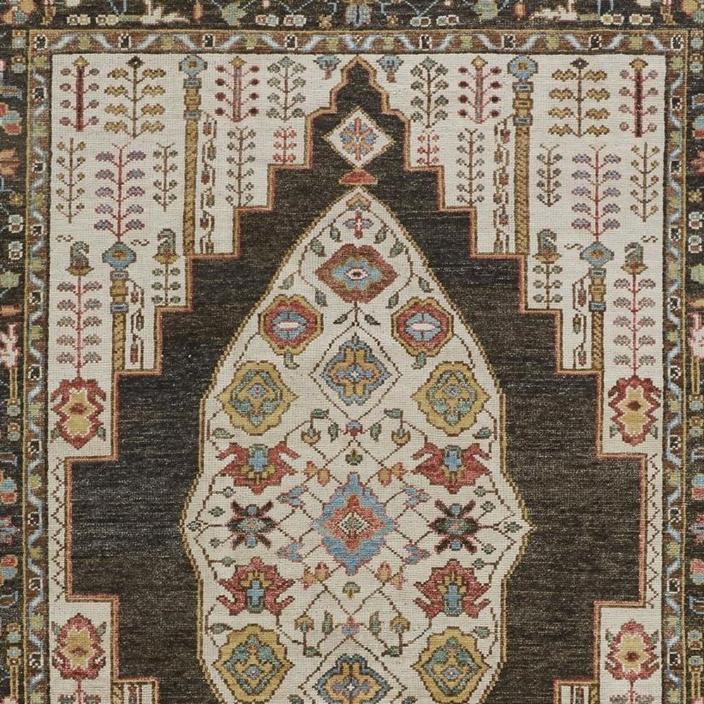 2' X 3' Green and Ivory Wool Floral Hand Knotted Distressed Area Rug With Fringe