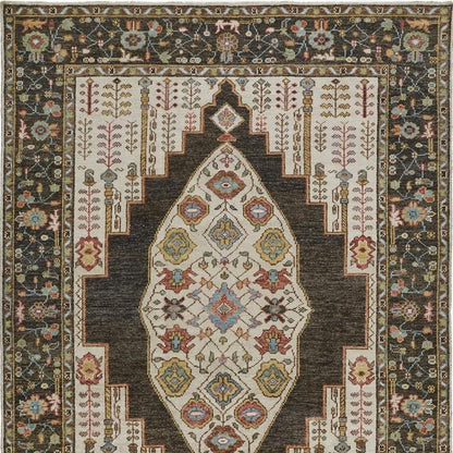 2' X 3' Green and Ivory Wool Floral Hand Knotted Distressed Area Rug With Fringe