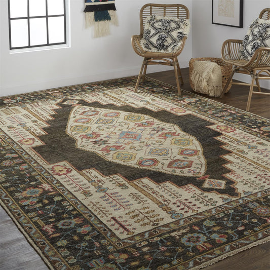 10' X 13' Brown Yellow And Green Wool Floral Hand Knotted Distressed Stain Resistant Area Rug With Fringe