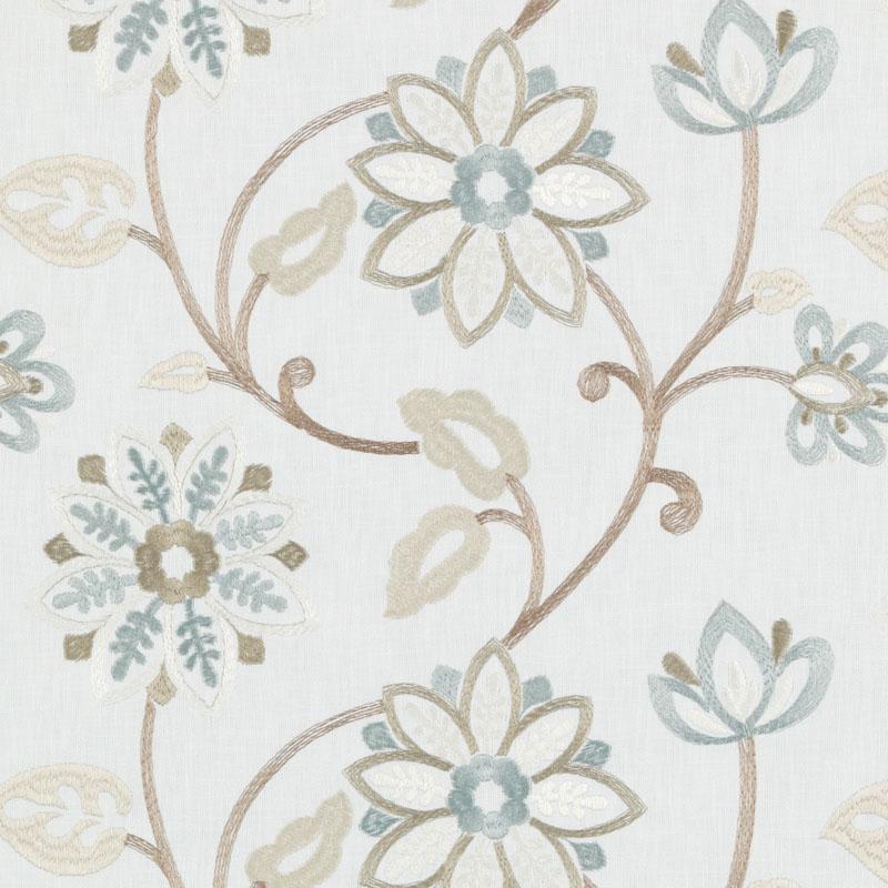 Soft cream drapery fabric with blue-gray and beige floral vines and petals in a repeating botanical pattern.