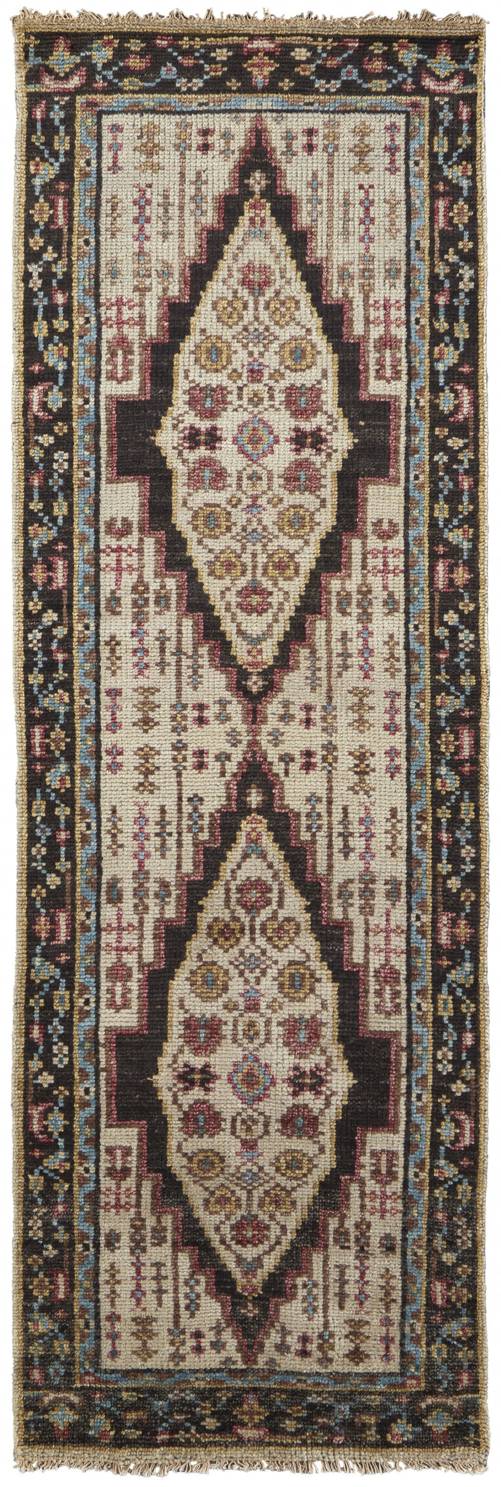 4' X 6' Brown Yellow And Green Wool Floral Hand Knotted Distressed Stain Resistant Area Rug With Fringe