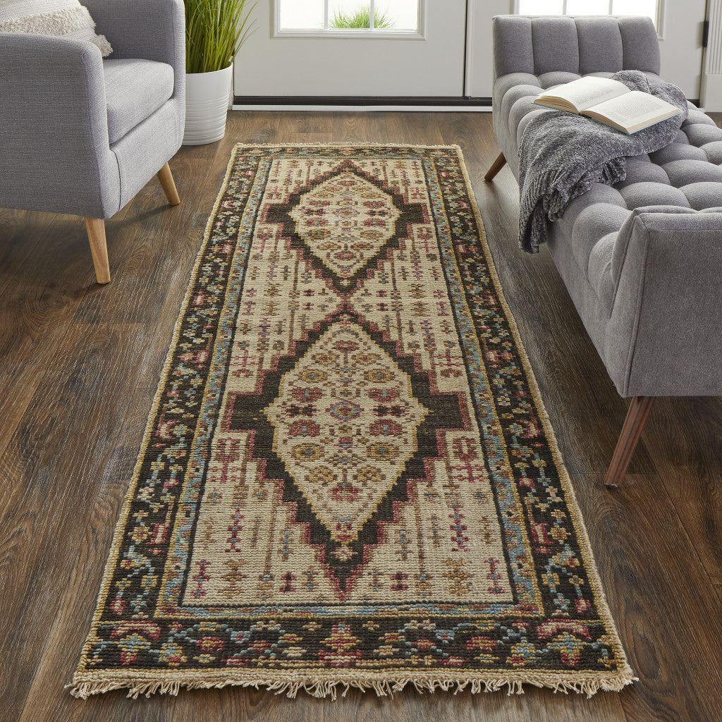 4' X 6' Brown Yellow And Green Wool Floral Hand Knotted Distressed Stain Resistant Area Rug With Fringe