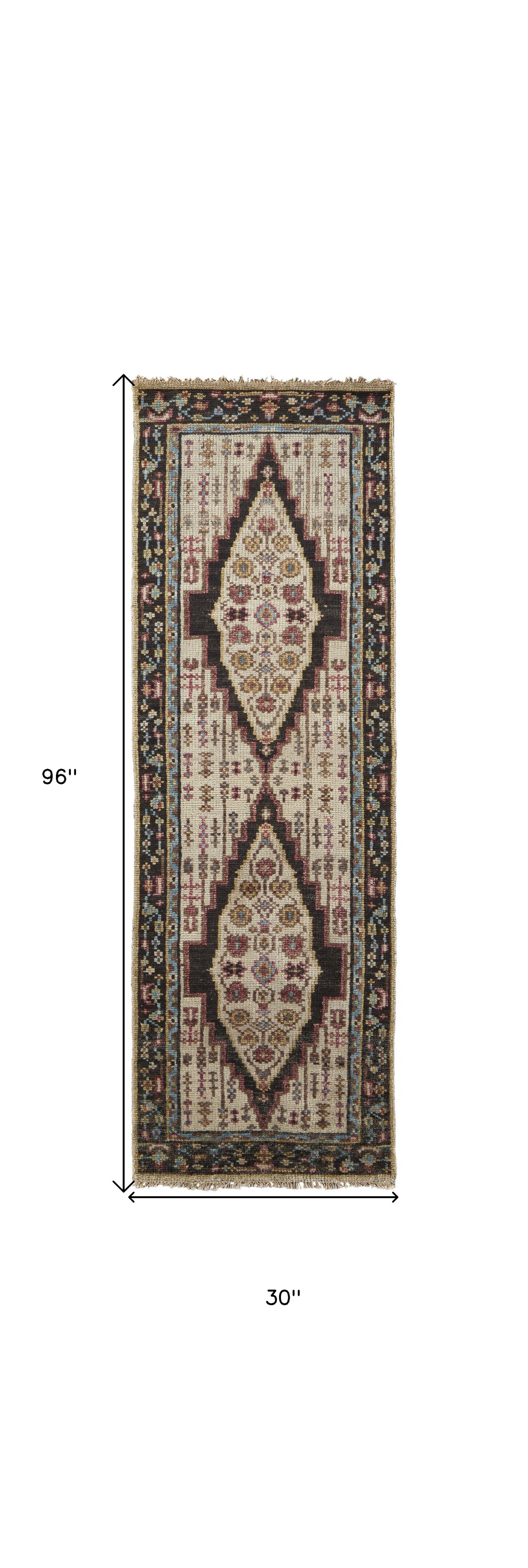 4' X 6' Brown Yellow And Green Wool Floral Hand Knotted Distressed Stain Resistant Area Rug With Fringe