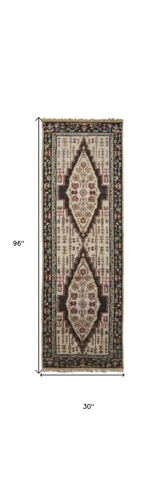 2' X 3' Green and Ivory Wool Floral Hand Knotted Distressed Area Rug With Fringe