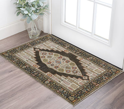 2' X 3' Green and Ivory Wool Floral Hand Knotted Distressed Area Rug With Fringe