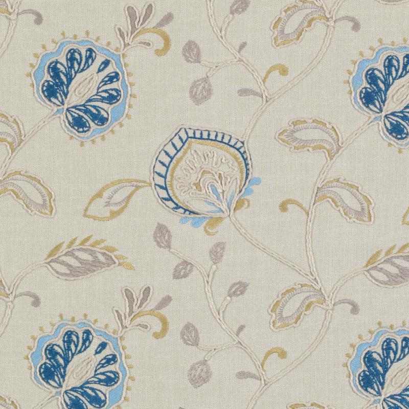 Cream fabric with blue floral damask pattern & delicate gold vines & leaves.