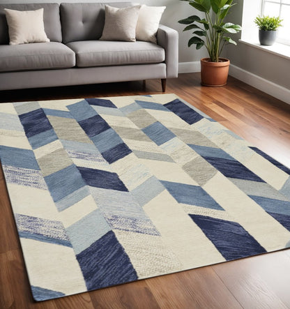2' X 3' Blue Ivory And Gray Wool Geometric Tufted Handmade Area Rug