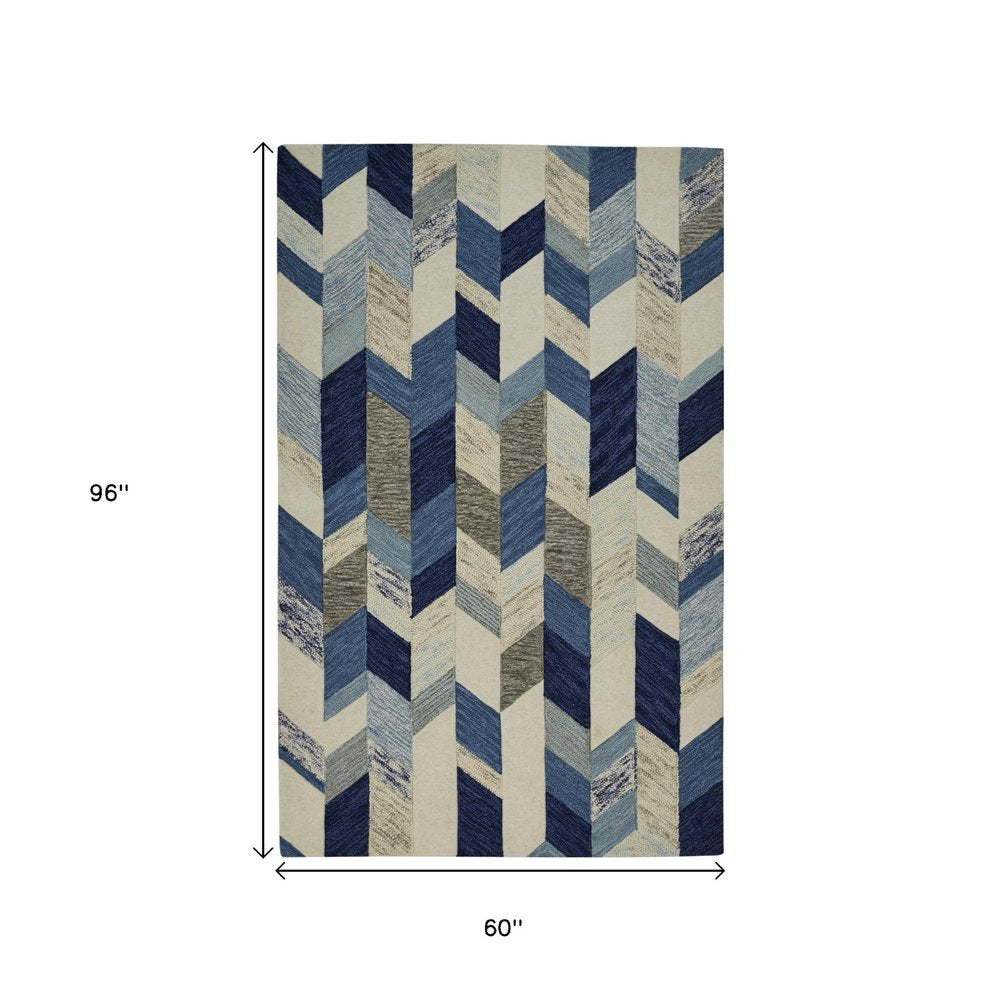 2' X 3' Blue Ivory And Gray Wool Geometric Tufted Handmade Area Rug