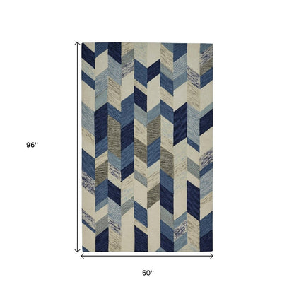 2' X 3' Blue Ivory And Gray Wool Geometric Tufted Handmade Area Rug