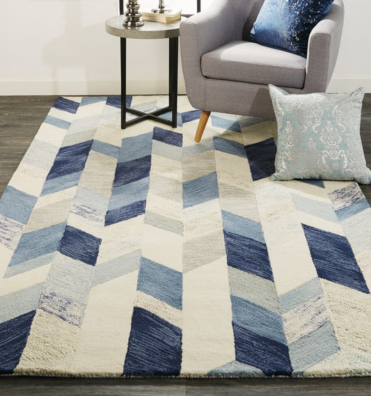 8' X 11' Blue Ivory And Gray Wool Geometric Tufted Handmade Area Rug