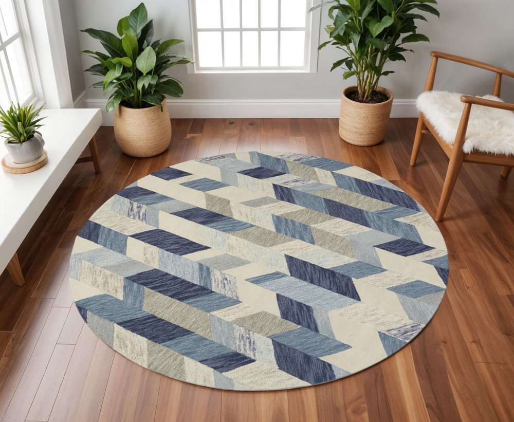 2' X 3' Blue Ivory And Gray Wool Geometric Tufted Handmade Area Rug