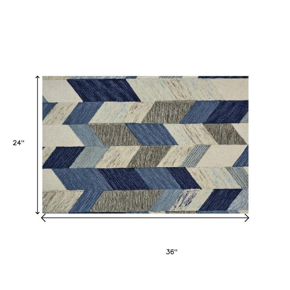 2' X 3' Blue Ivory And Gray Wool Geometric Tufted Handmade Area Rug