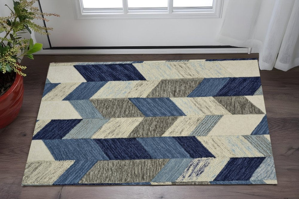 2' X 3' Blue Ivory And Gray Wool Geometric Tufted Handmade Area Rug