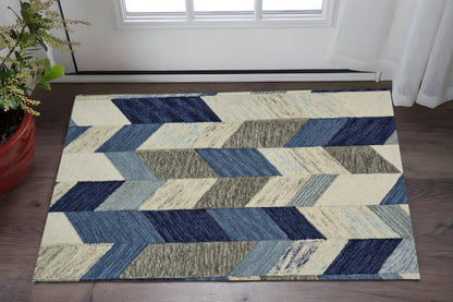 2' X 3' Blue Ivory And Gray Wool Geometric Tufted Handmade Area Rug