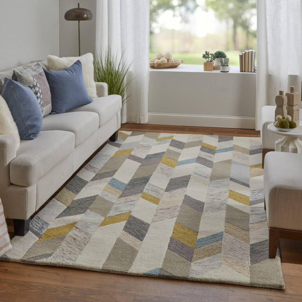 5' X 8' Blue Ivory And Gray Wool Geometric Tufted Handmade Area Rug