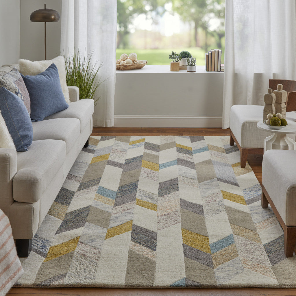 5' X 8' Blue Ivory And Gray Wool Geometric Tufted Handmade Area Rug