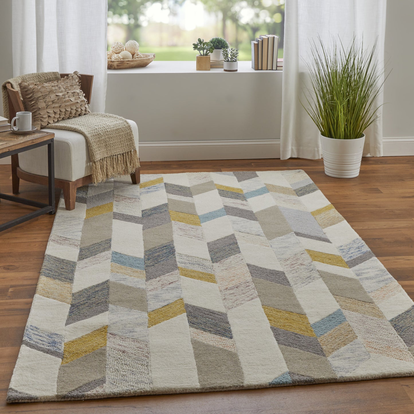 5' X 8' Blue Ivory And Gray Wool Geometric Tufted Handmade Area Rug