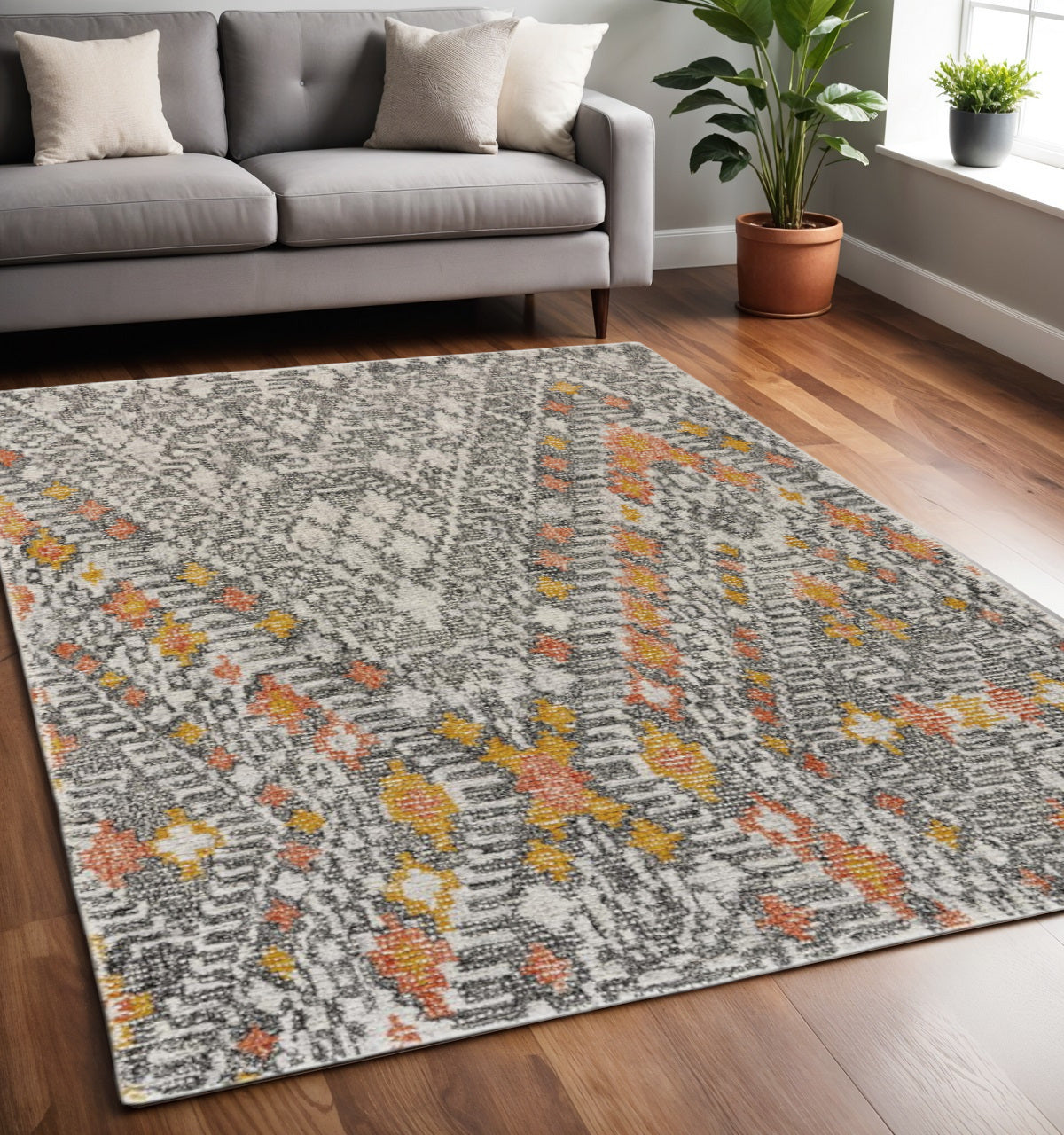 5' X 8' Gray Ivory And Orange Wool Geometric Tufted Handmade Area Rug