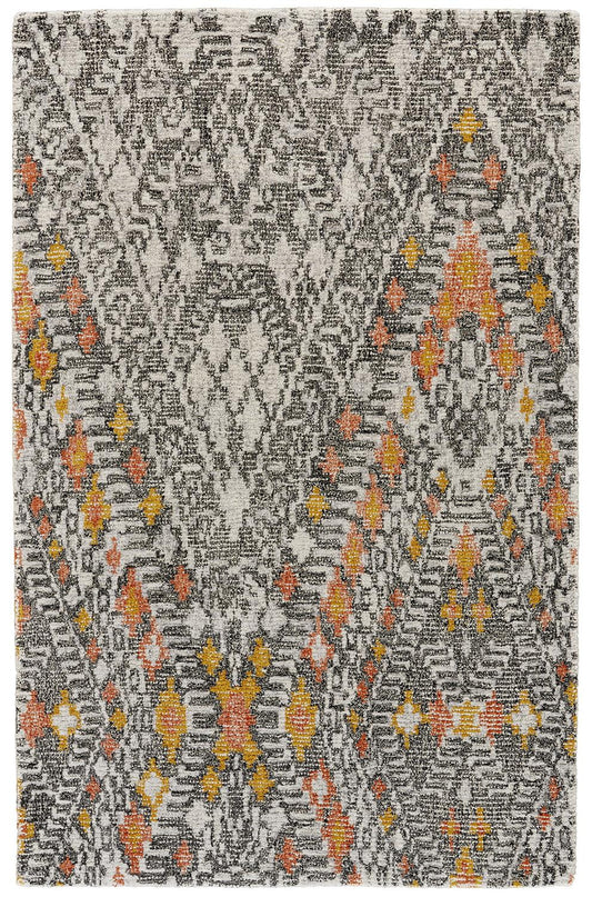 5' X 8' Gray Ivory And Orange Wool Geometric Tufted Handmade Area Rug