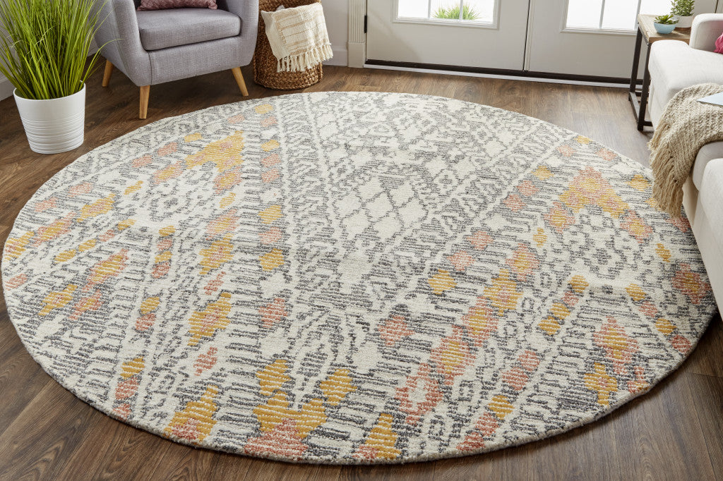 5' X 8' Gray Ivory And Orange Wool Geometric Tufted Handmade Area Rug