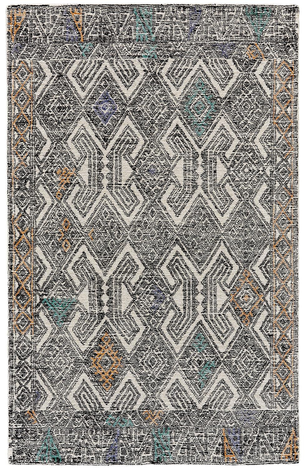 4' X 6' Black Ivory And Green Wool Geometric Tufted Handmade Distressed Area Rug