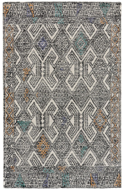 5' X 8' Black Ivory And Green Wool Geometric Tufted Handmade Distressed Area Rug