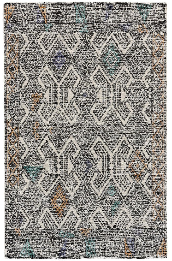 5' X 8' Black Ivory And Green Wool Geometric Tufted Handmade Distressed Area Rug