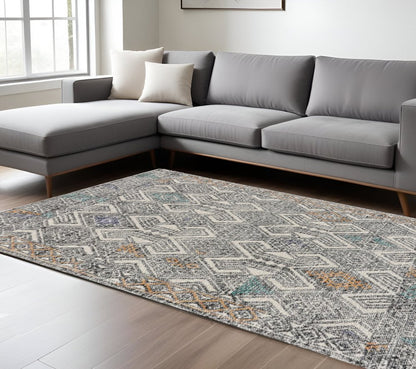 8' X 11' Black Ivory And Green Wool Geometric Hand Tufted Distressed Area Rug
