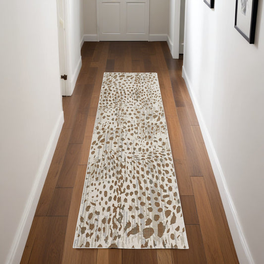 8' Brown And Ivory Abstract Stain Resistant Runner Rug