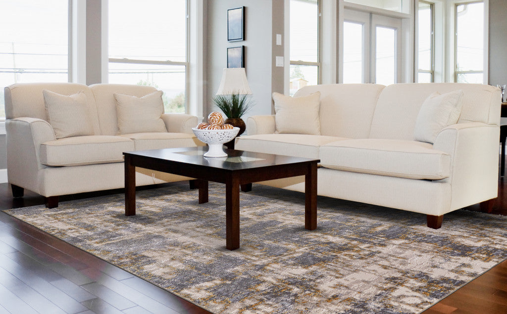 12' X 15' Gray And Gold Abstract Area Rug