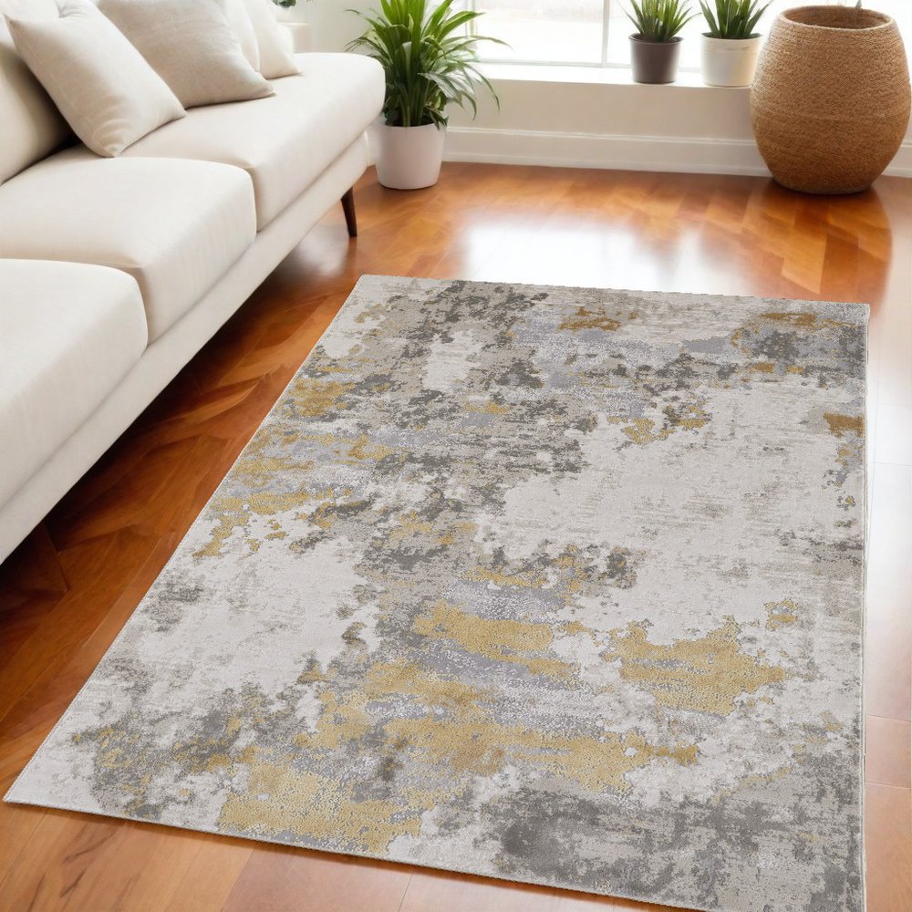 2' X 3' Ivory Gray And Gold Abstract Area Rug