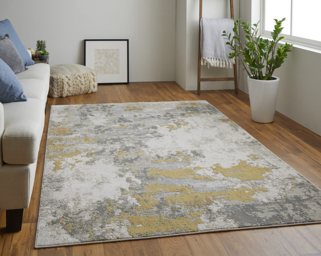 8' X 11' Ivory Gold And Gray Abstract Stain Resistant Area Rug