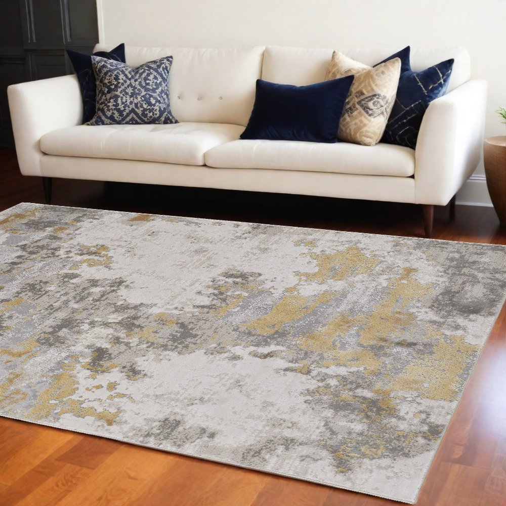 2' X 3' Ivory Gray And Gold Abstract Area Rug