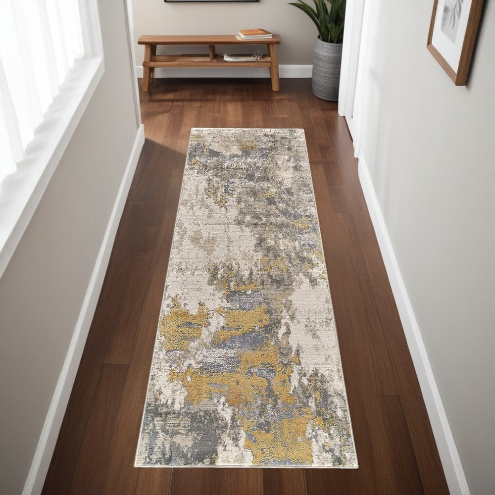 2' X 3' Ivory Gray And Gold Abstract Area Rug