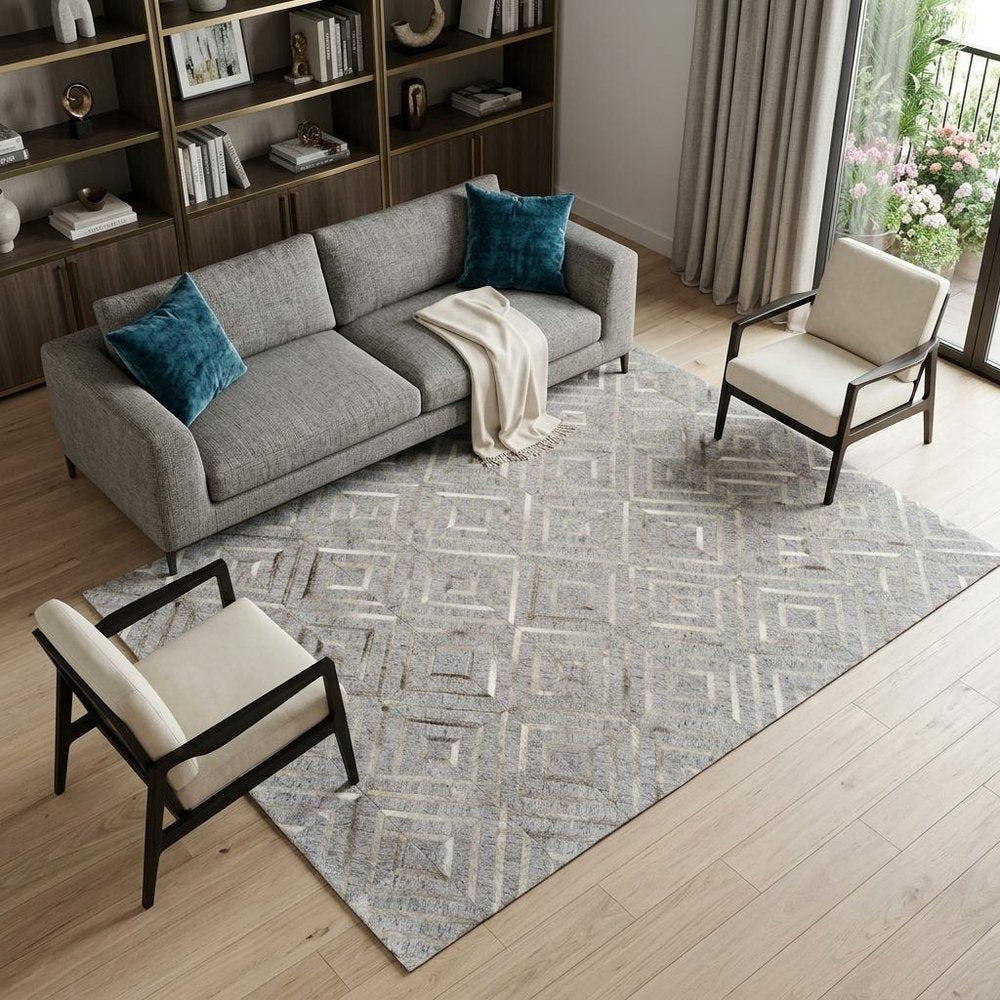 5' X 8' Gray and Ivory Geometric Hand Woven Area Rug