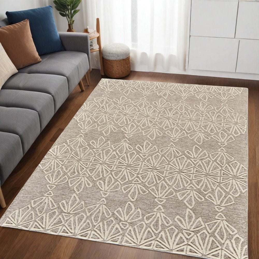 2' X 3' Tan And Ivory Wool Geometric Tufted Handmade Stain Resistant Area Rug