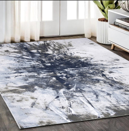 8' Blue Gray And White Abstract Stain Resistant Runner Rug