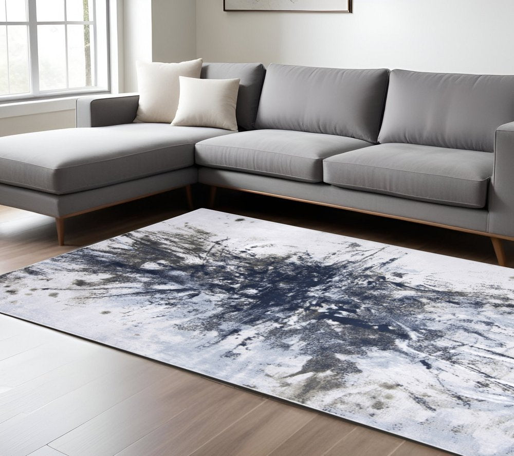 8' Blue Gray And White Abstract Stain Resistant Runner Rug