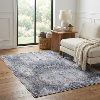 8' Blue Gray And Taupe Abstract Stain Resistant Runner Rug