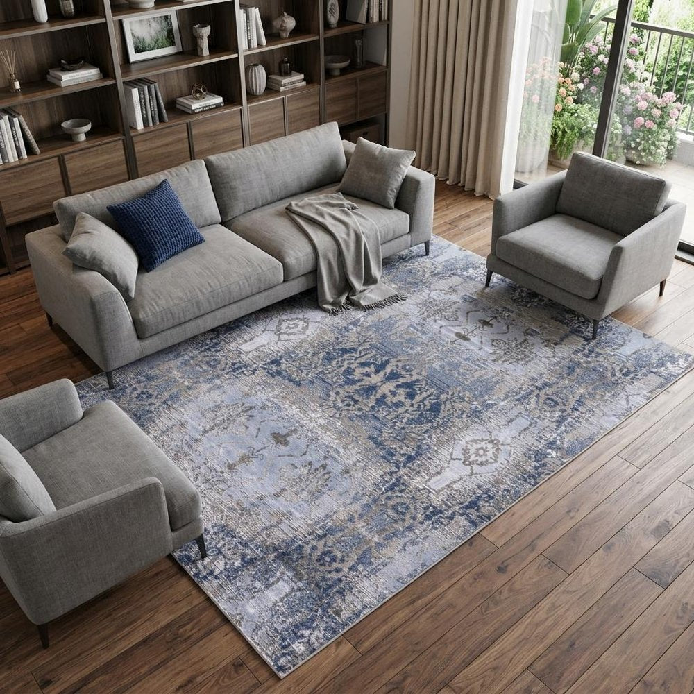 5' X 7' Blue Gray And Taupe Abstract Stain Resistant Area Rug