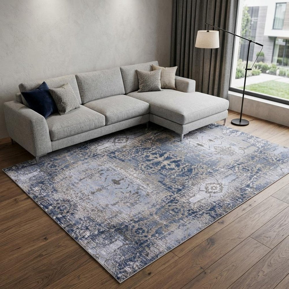 5' X 7' Blue Gray And Taupe Abstract Stain Resistant Area Rug