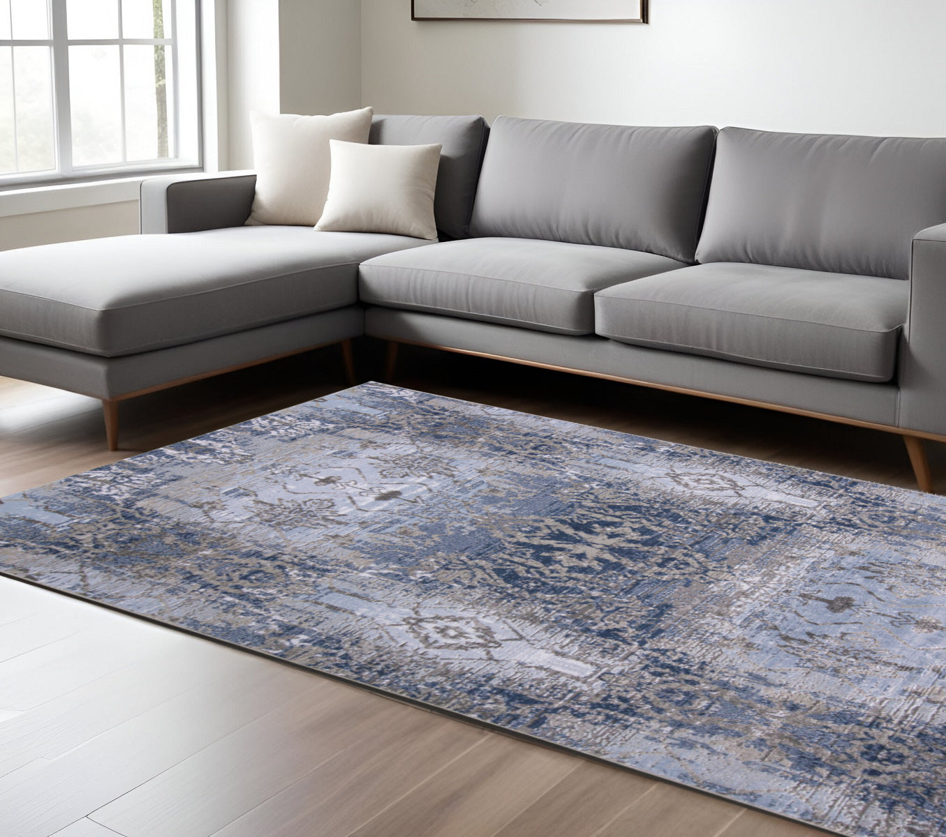 5' X 7' Blue Gray And Taupe Abstract Stain Resistant Area Rug