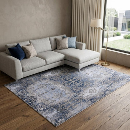 5' X 7' Blue Gray And Taupe Abstract Stain Resistant Area Rug
