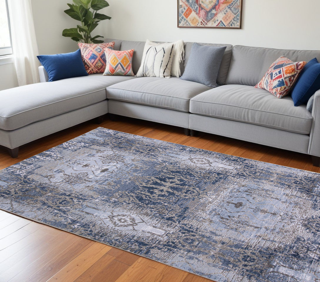 5' X 7' Blue Gray And Taupe Abstract Stain Resistant Area Rug