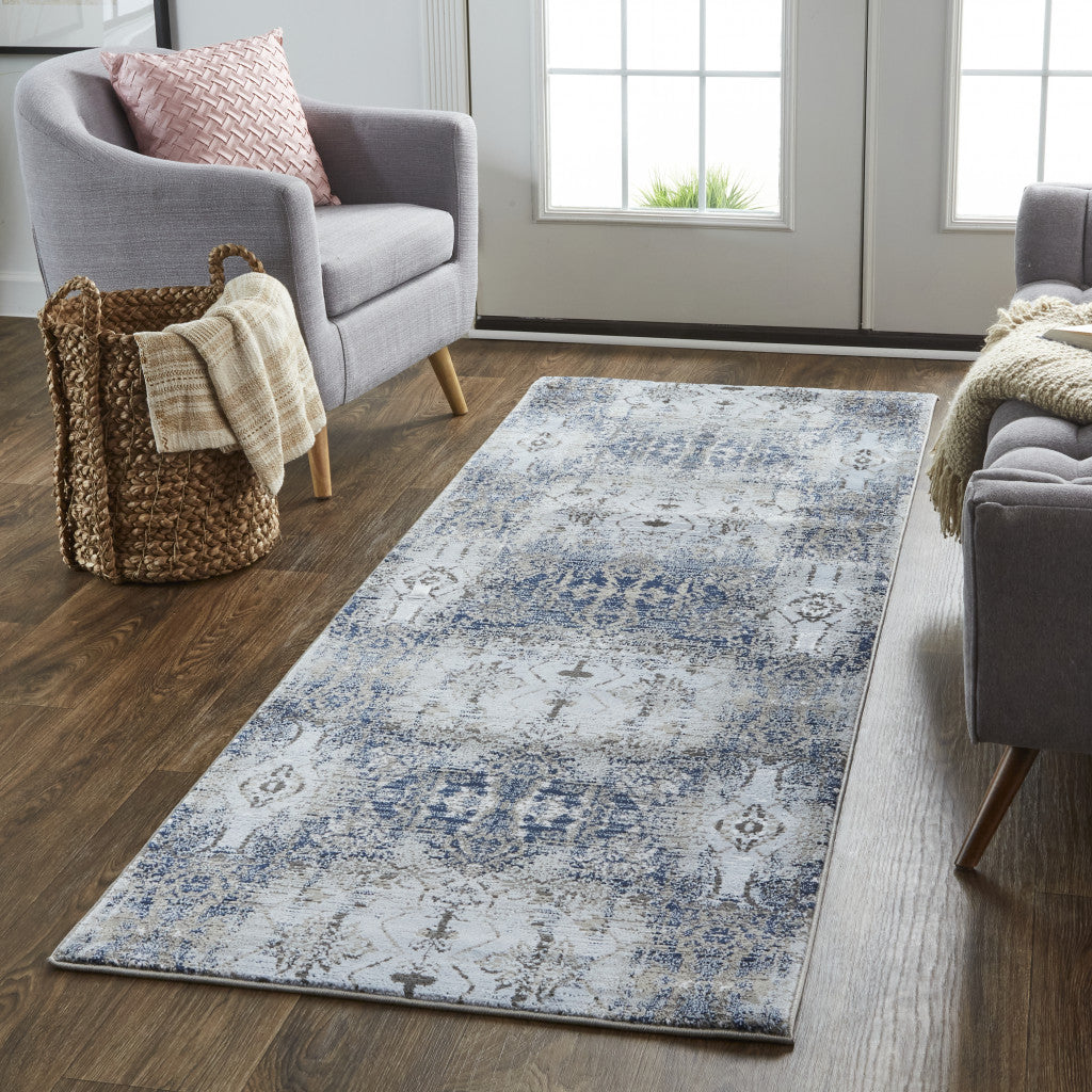 7' X 10' Blue Gray And Taupe Abstract Stain Resistant Area Rug