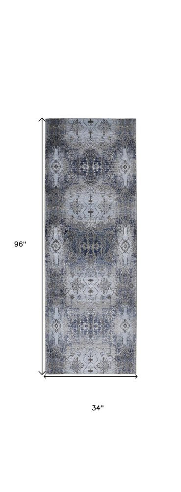 8' Blue Gray And Taupe Abstract Stain Resistant Runner Rug
