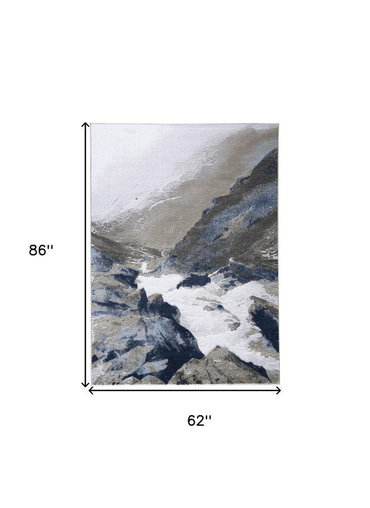 8' Blue Gray And White Abstract Runner Rug