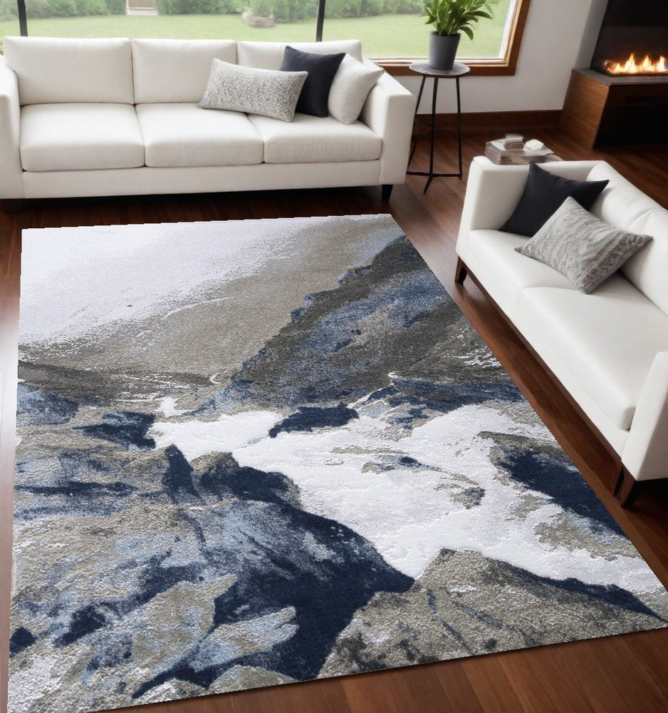 8' Blue Gray And White Abstract Runner Rug