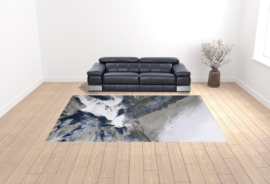 5' X 7' Blue Gray And White Abstract Stain Resistant Area Rug