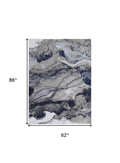 8' Blue Gray And Ivory Abstract Power Loom Runner Rug